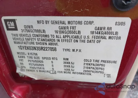 2005 Cadillac Escalade Standard z USA, uszkodzony, nr VIN 1GYEK63N35R227058